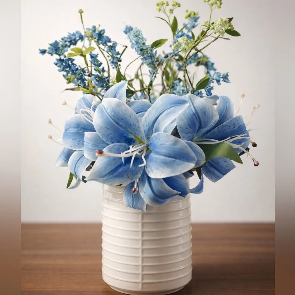 NWT Handcrafted Blue Floral Arrangement White Ceramic Vase Tabletop Decor